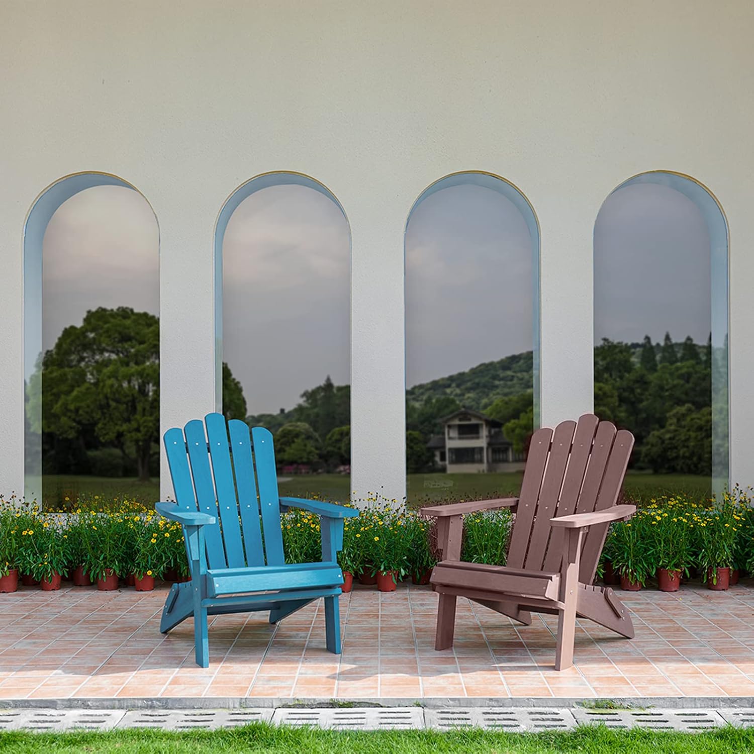 Folding Adirondack Chair, Polystyrene, Durable & Weather Resistant Outdoor Adirondack Chair for Lawn and Garden, Easy Assembly, 350 Ibs Capacity(Brown, 2 pcs)