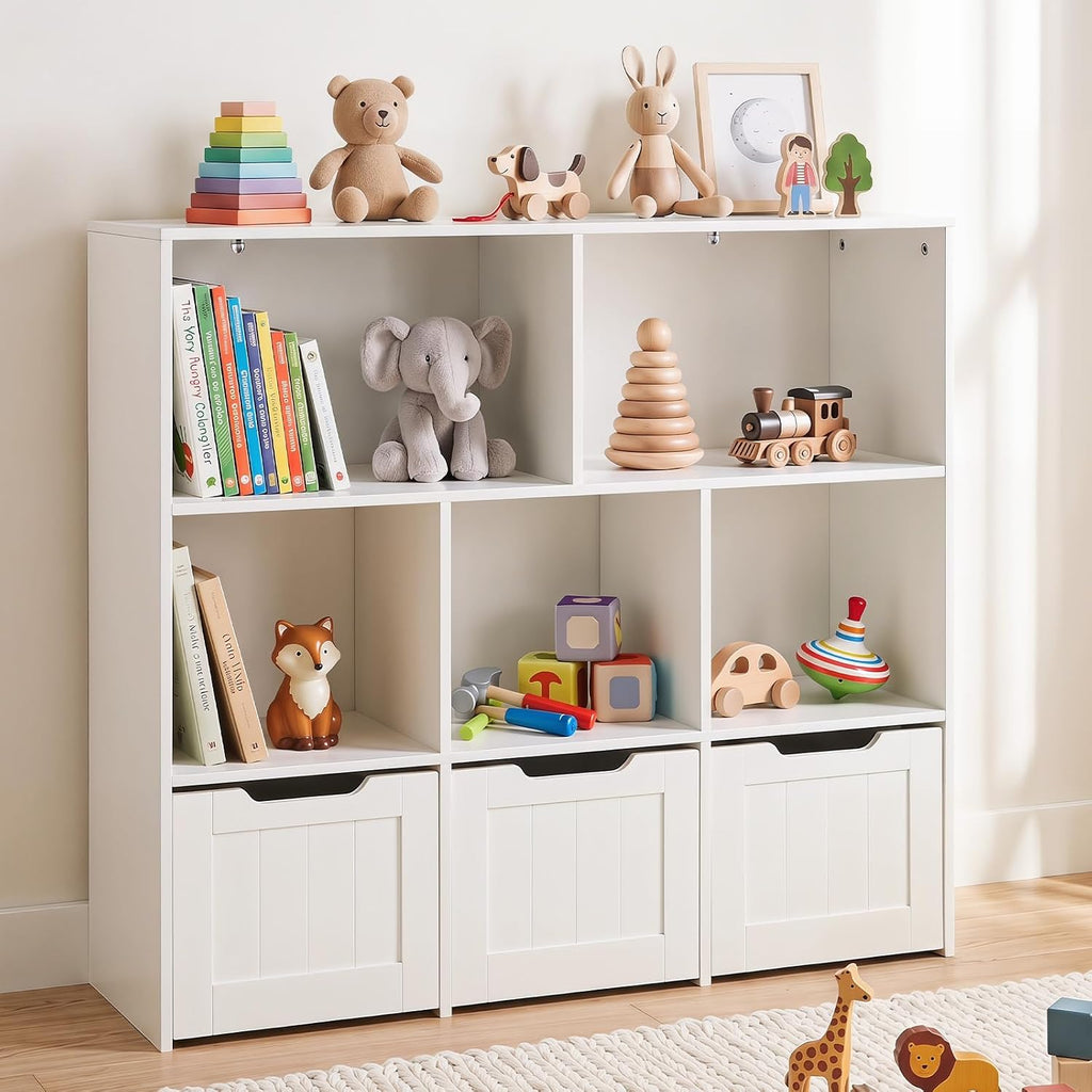 Olakids Toy Storage Organizer, Wooden Kids Bookshelf with Hidden Wheels 3 Movable Drawers 5 Open Cubbies, Large Toddler Chest for Playroom Classroom