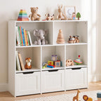 Olakids Toy Storage Organizer, Wooden Kids Bookshelf with Hidden Wheels 3 Movable Drawers 5 Open Cubbies, Large Toddler Chest for Playroom Classroom