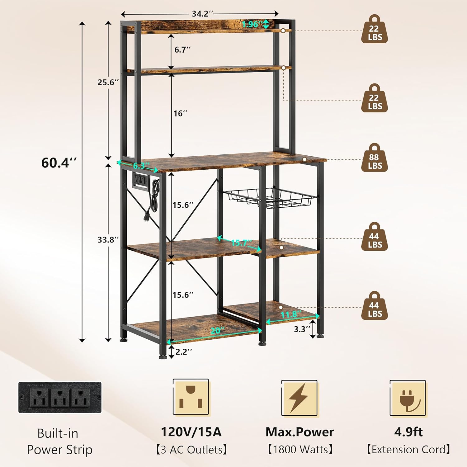 Einhomn Bakers Rack with Power Outlet, 35.4'' Coffee Bar with Wire Basket, Microwave Stand with Storage and Adjustable Feet, Versatile Kitchen Shelves for Pantry, Home Organization, Rustic Brown