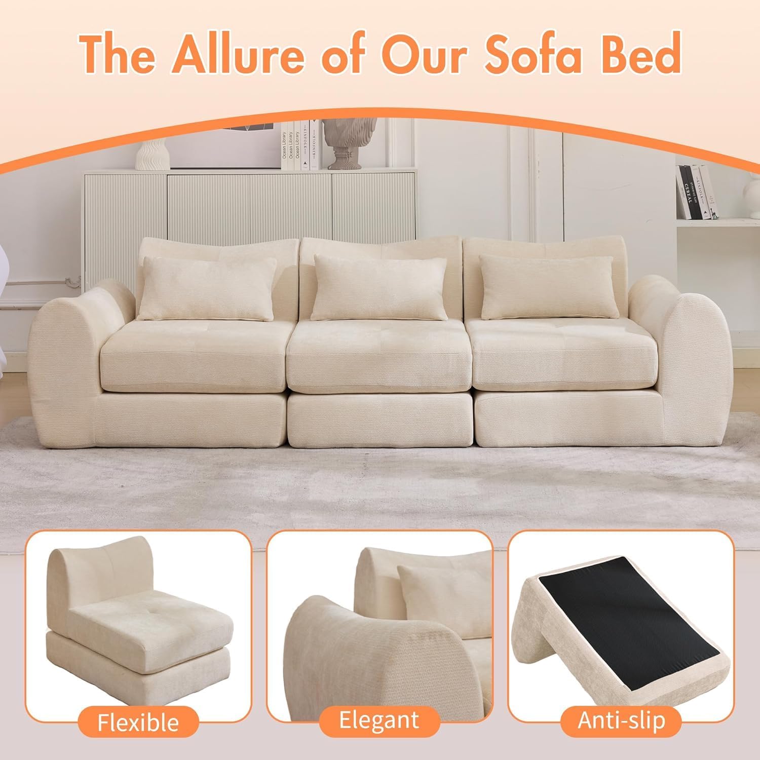 102" Modular Sectional Boneless Couch for Living Room, Convertible Cloud Sofa Bed Couches with Upholstered Deep Seat, No Assembly Needed, Ideal for Small Space Apartment Playroom Bedroom Studio Beige | cloud-like comfy