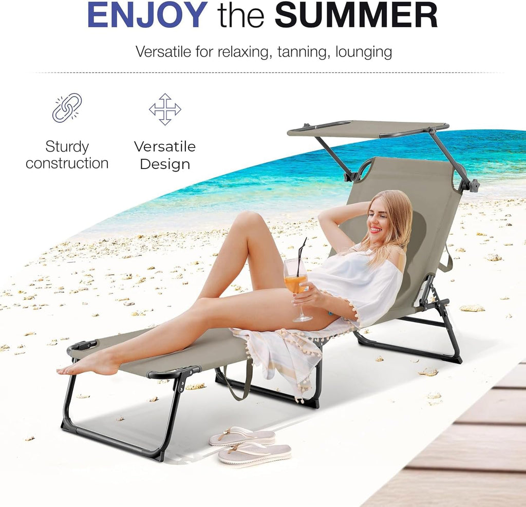 Folding Outdoor Lounge Chair with Canopy - Portable & Adjustable Beach Lounge Chair - 5-Positions, Carry Handles, 600D Fabric, 220 lbs Capacity – Tanning Chaise Lounge for Beach, Patio (1, Beige)