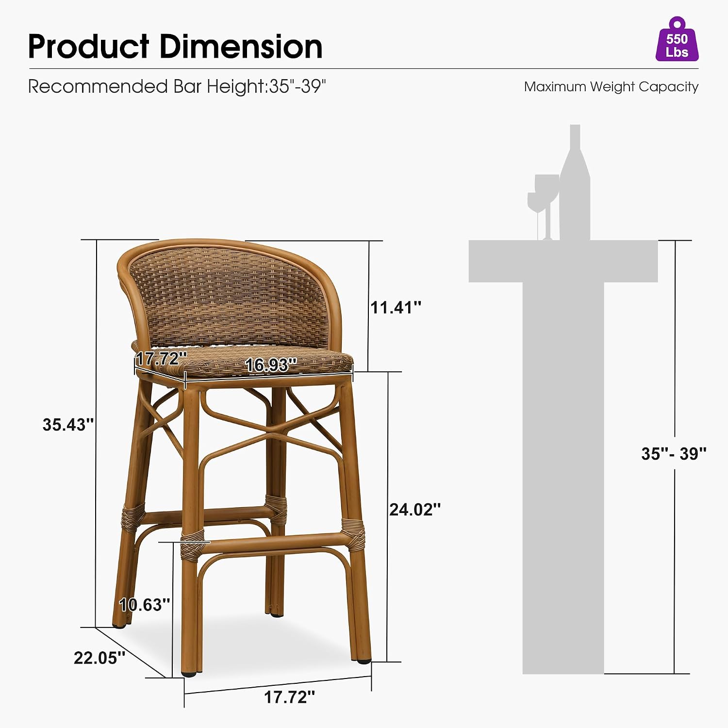 PURPLE LEAF Outdoor Counter Height Bar Stool Set of 2 Rattan Wicker with Back and Armrests Aluminum Frame Bamboo Finish Patio Barstools for Kitchen Poolside Dining Bistros Cafe Restaurant, Brown