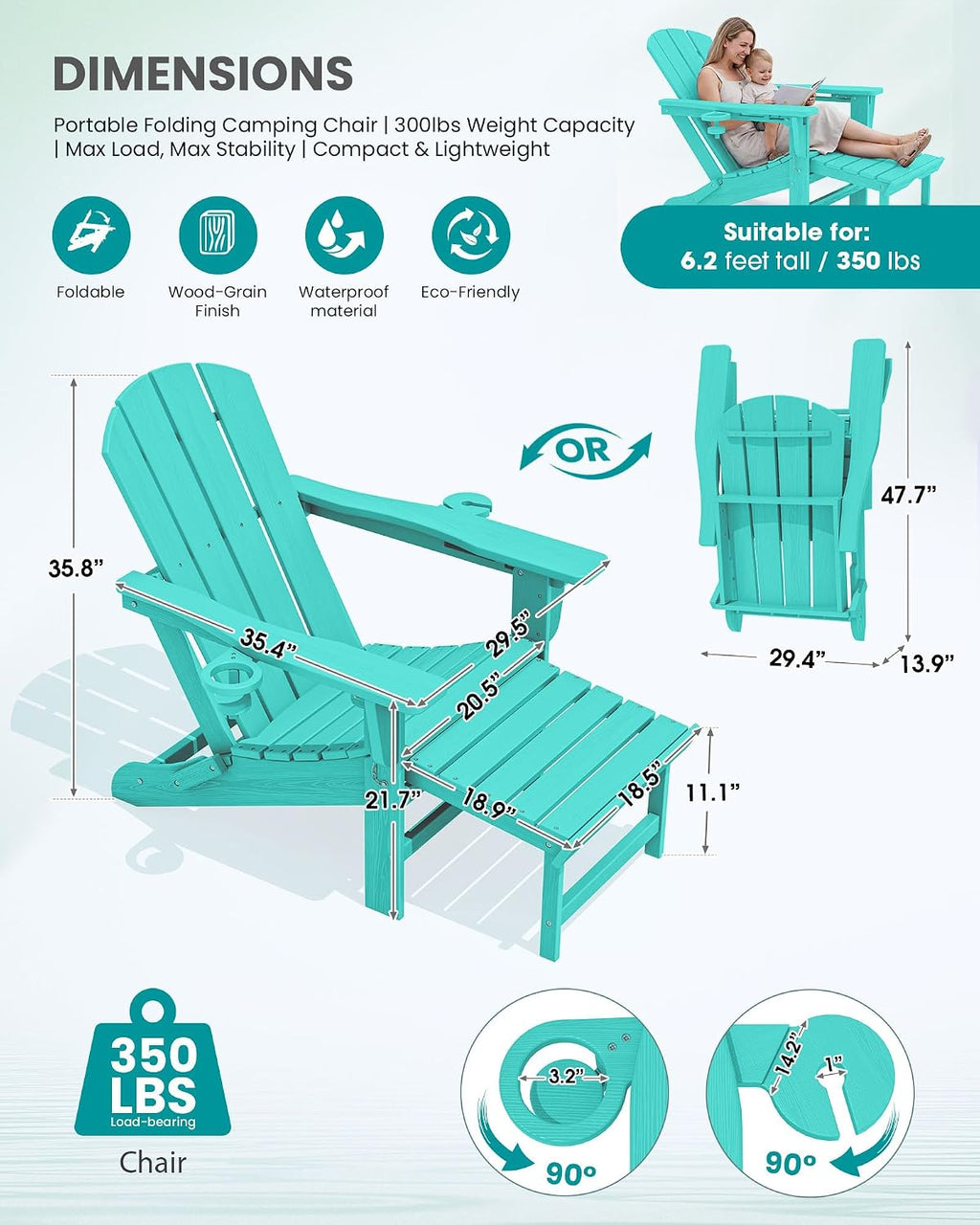 SERWALL Folding Adjustable Adirondack Chairs with Footrest Set of 2, HDPE Outdoor Chair with Dual Cup Holders, All Weather Adirondack Chair with Ottoman, Aruba