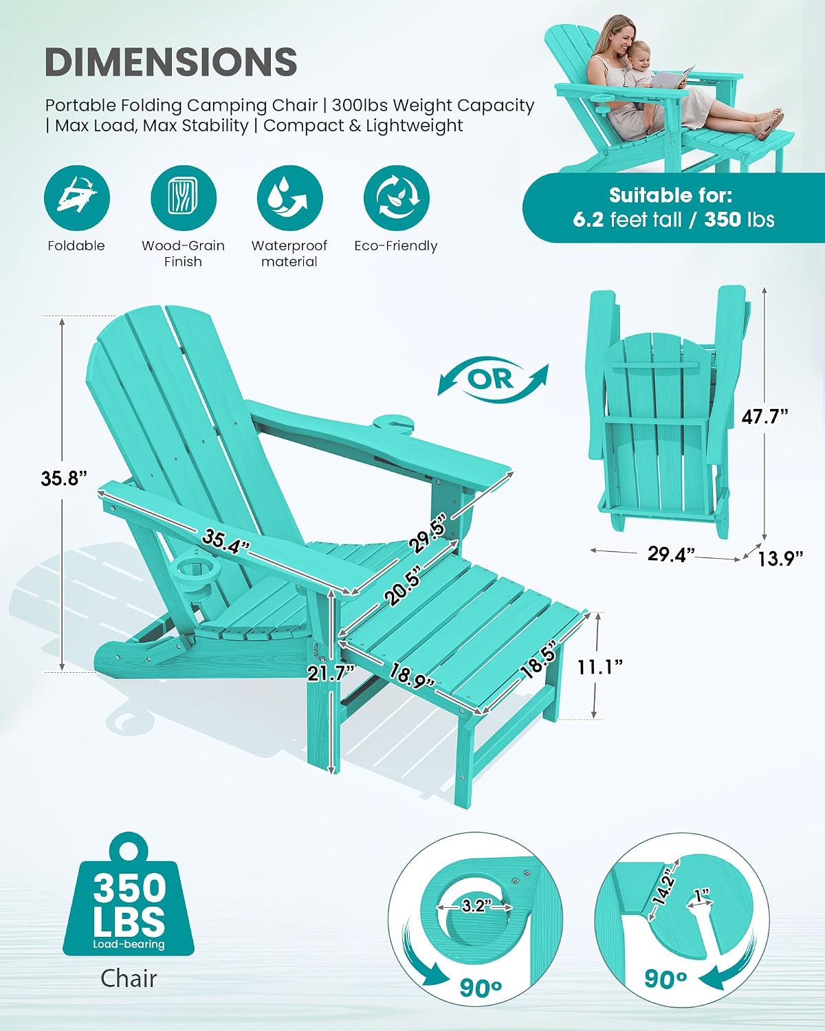 SERWALL Folding Adjustable Adirondack Chairs with Footrest Set of 2, HDPE Outdoor Chair with Dual Cup Holders, All Weather Adirondack Chair with Ottoman, Aruba