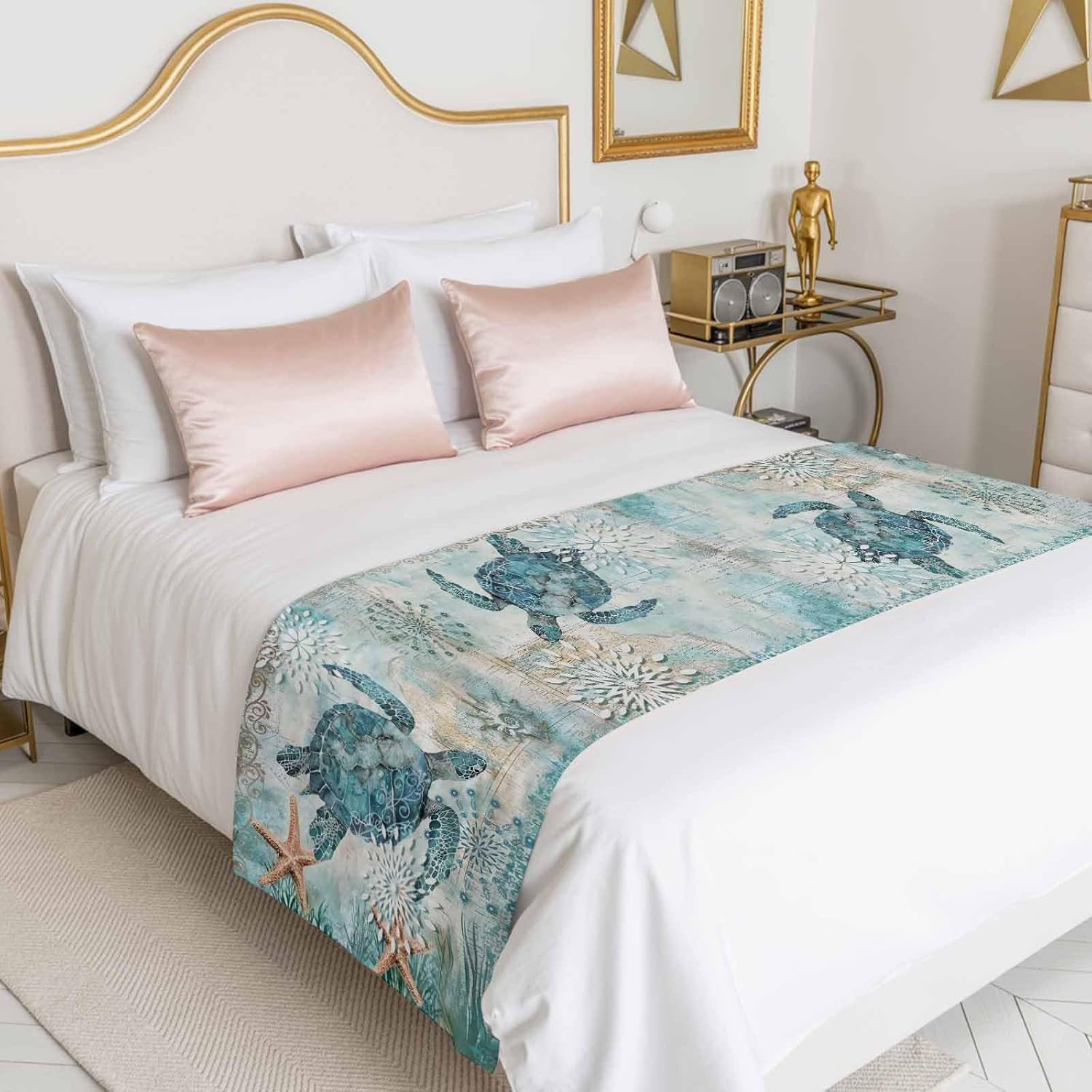 Bed Runner for King Size Bed, Coastal Sea Turtle Decorative Bed Runners Scarves for Bedroom, Teal Nautical Beach Starfish Vintage Washable Bedding Scarf Cover Bed Runner for Foot of Bed