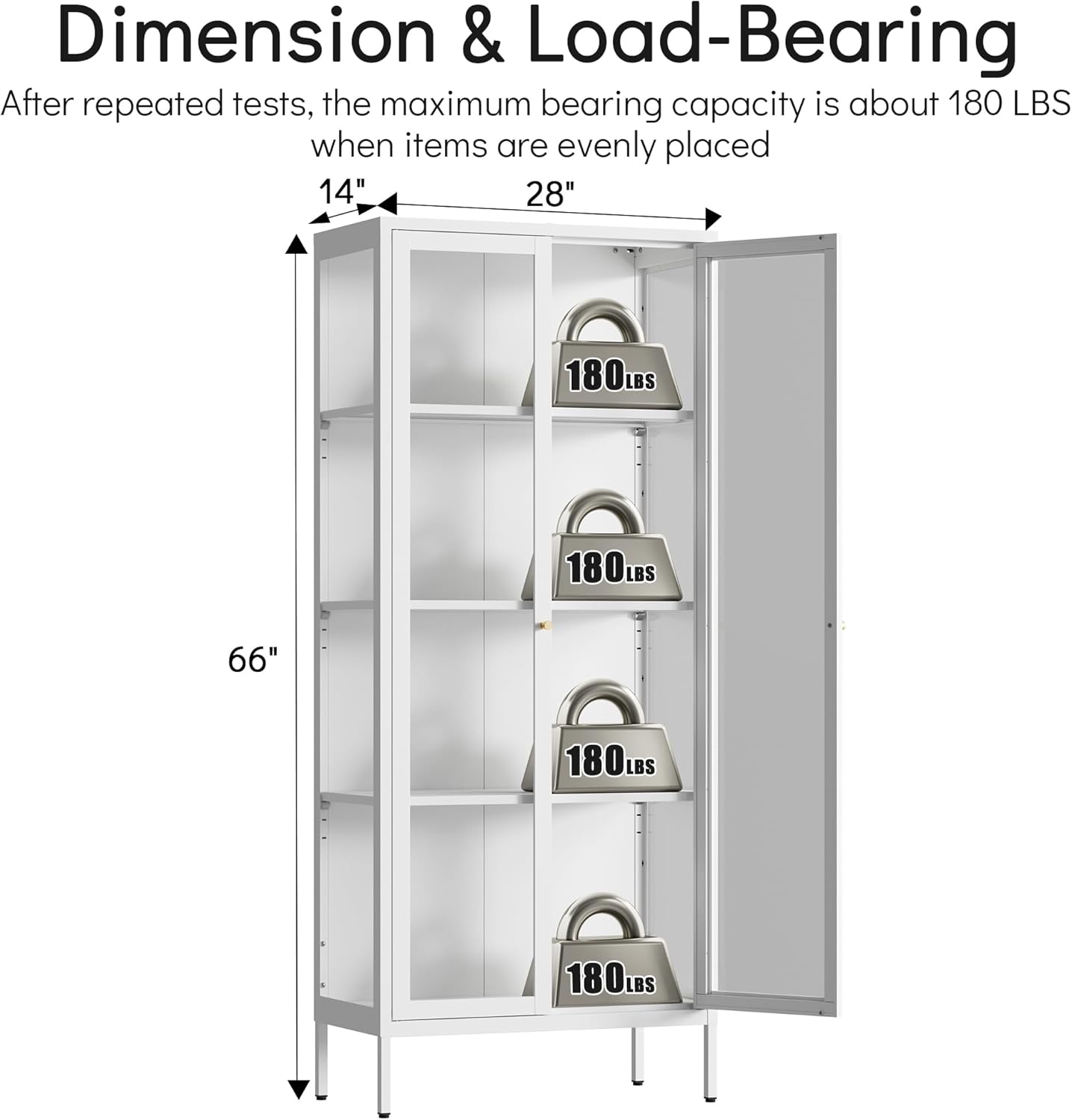 Polup Glass Display Cabinet with Glass Doors, White Curio Cabinet with 3 Side Tempered Glass, 66" Tall Bookcase Display Case for Collectibles, Metal Storage Cabinet for Living Room, Assemble Required