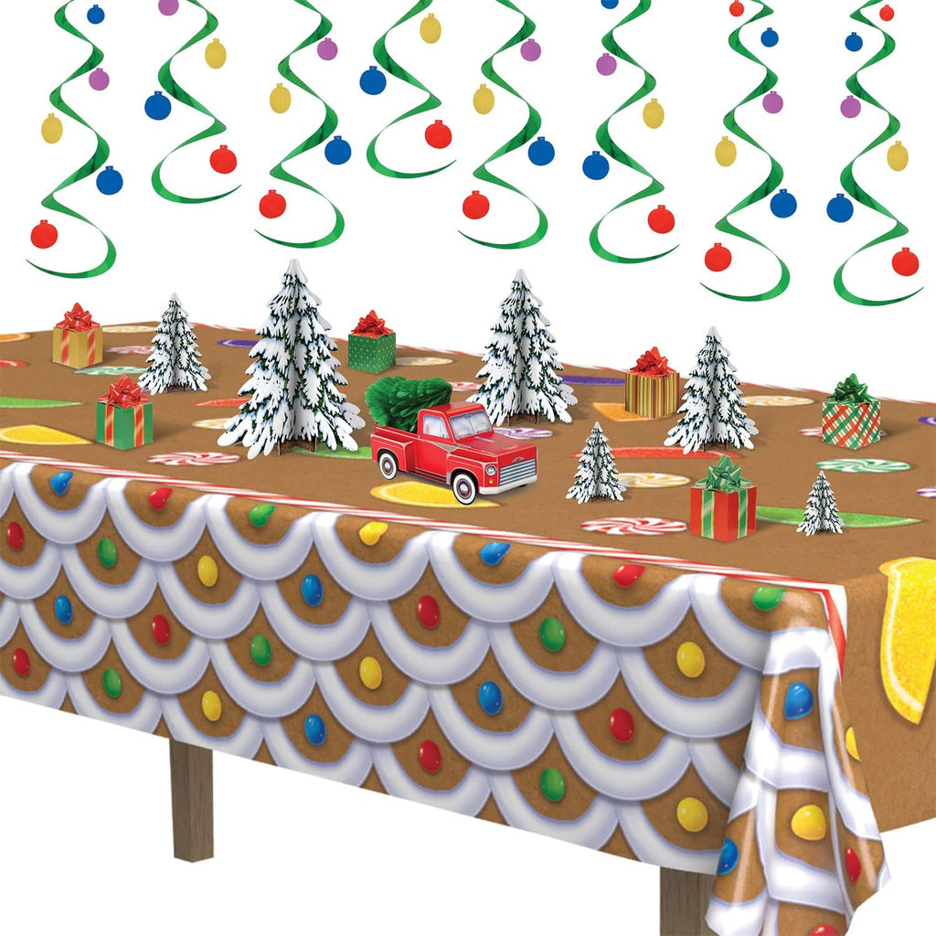 Beistle Gingerbread House Tablecovers, 54” x 108”, 2 Pieces – Plastic Table Cloth, Rectangular Tablecloth, Table Covers for Party, Gingerbread Party Supplies, Christmas Decorations