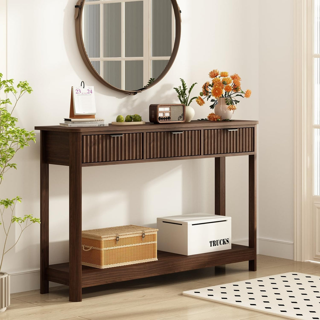 RUSTOWN Fluted Wood Console Table with 3 Drawers, 47.2" Boho Entryway Table | Narrow Behind Couch Sofa Table, Open Storage Shelf, Curved legs, 2 Tier Modern Farmhouse Hallway Table for Living Room, Foyer
