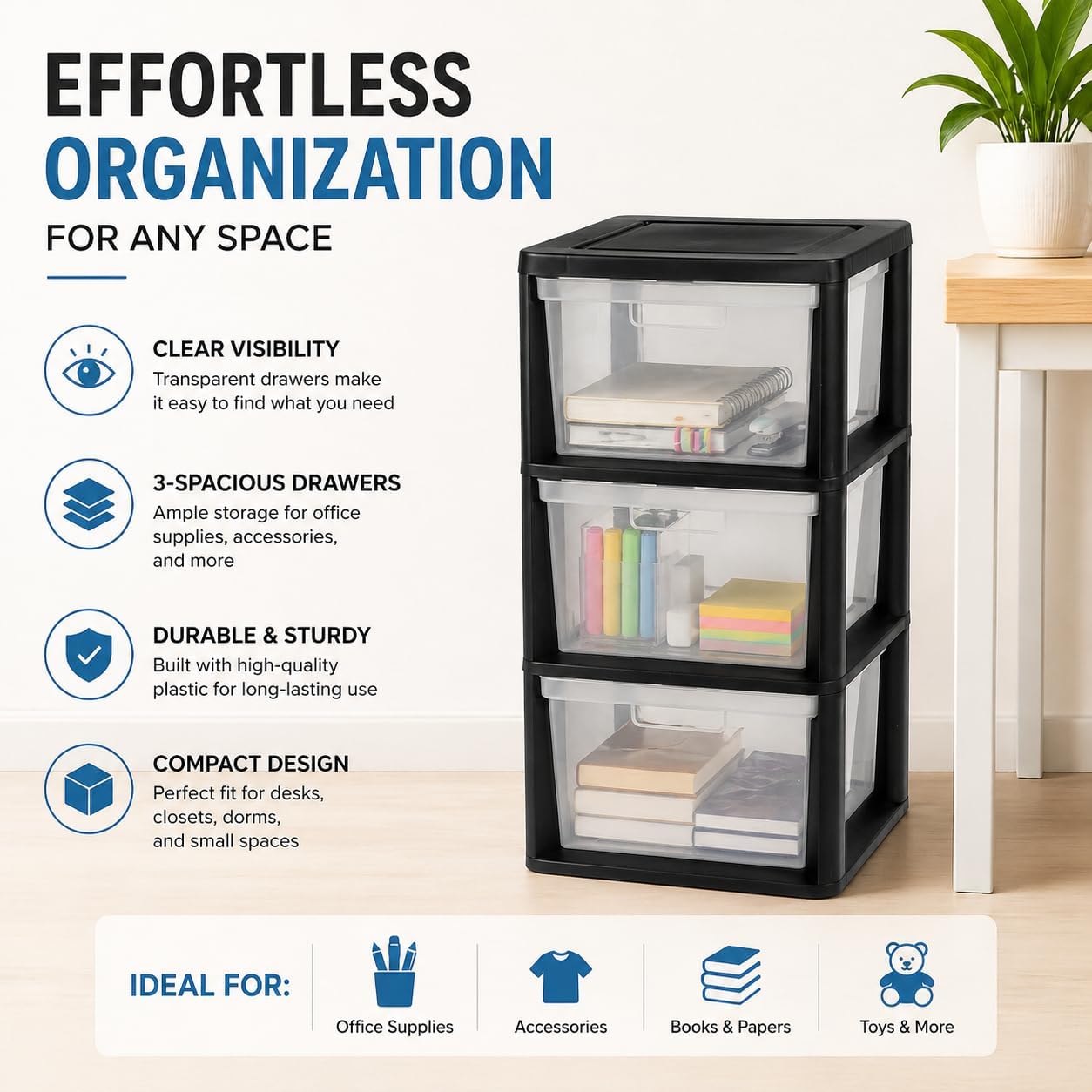3-Drawer Plastic Storage Organizer Tower, Black Frame with Clear Removable Bins, Tool-Free Assembly, 25.25" H - Stationary Multi-Purpose Drawer Storage