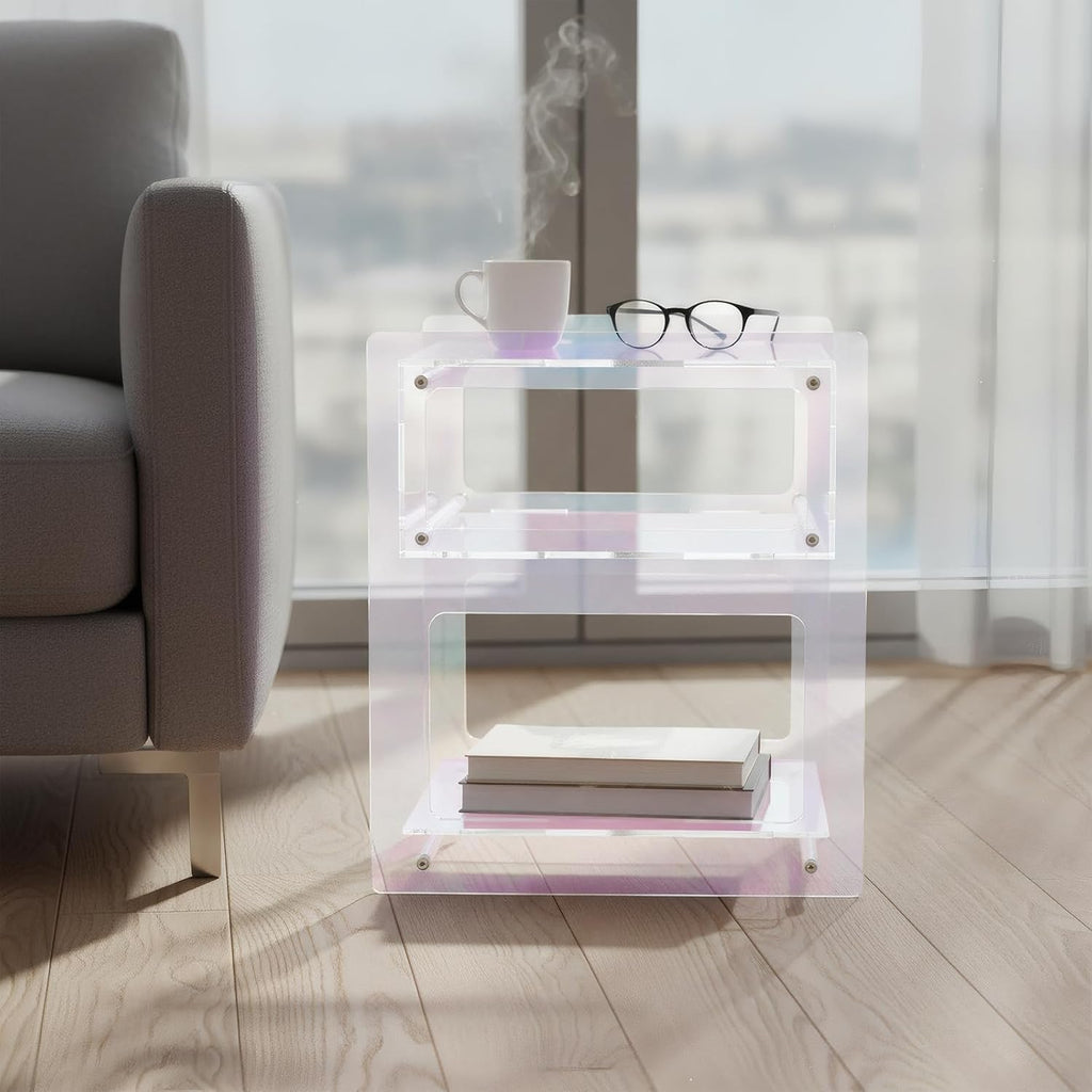 Acrylic Side Table Cabinet, End Table Record Player Table with Storage Shelf, Clear Side Table Nightstand for Living Rooms Bedrooms Offices, Etc (Colorful)