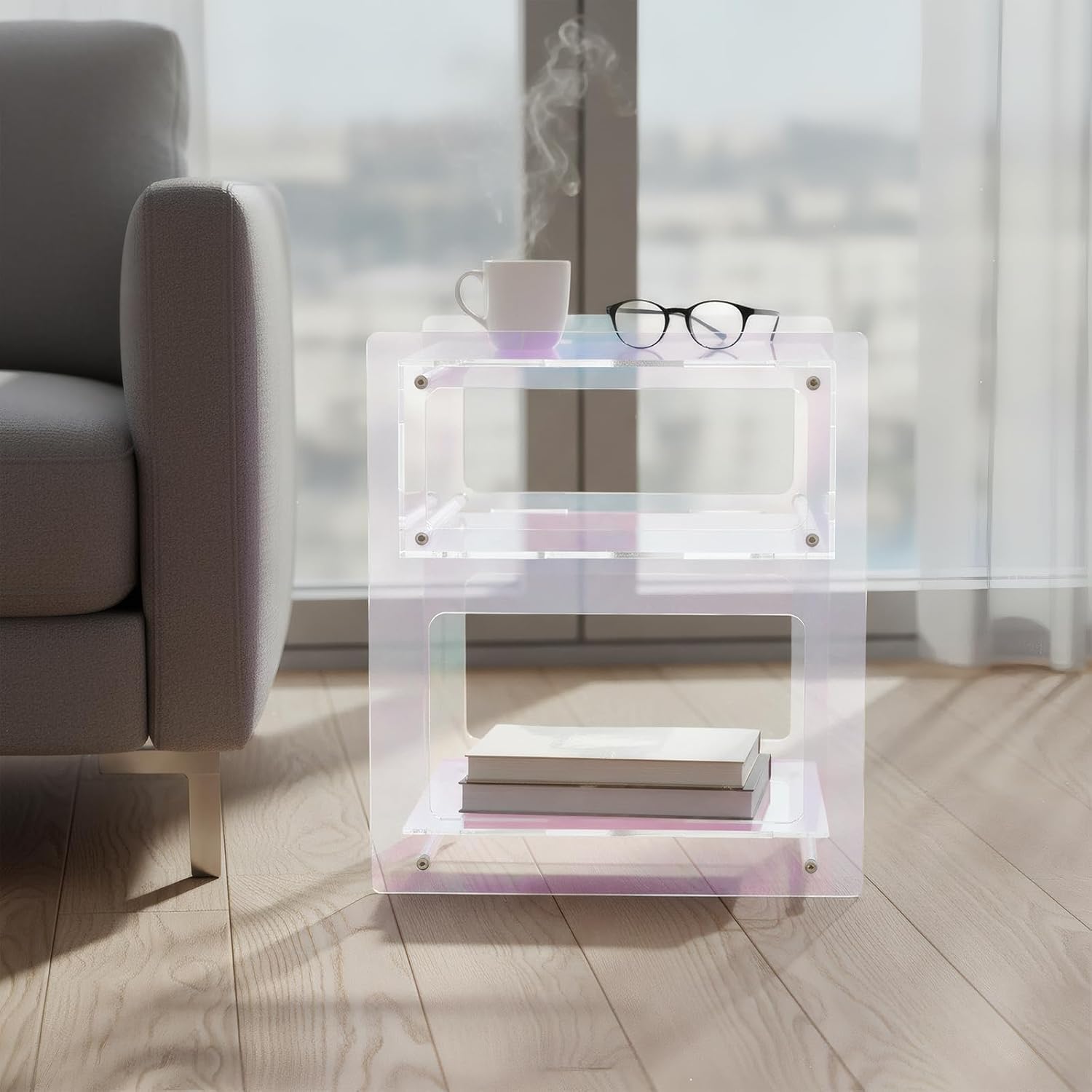 Acrylic Side Table Cabinet, End Table Record Player Table with Storage Shelf, Clear Side Table Nightstand for Living Rooms Bedrooms Offices, Etc (Colorful)