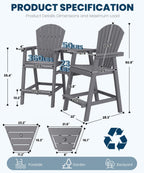 FOOWIN Tall Adirondack Chair Set of 8, All Weather HDPE Bar Height Adirondack Chair with Double Connecting Trays, Adirondack Barstools for Balcony, Deck, Backyard, Patio, Garden Grey