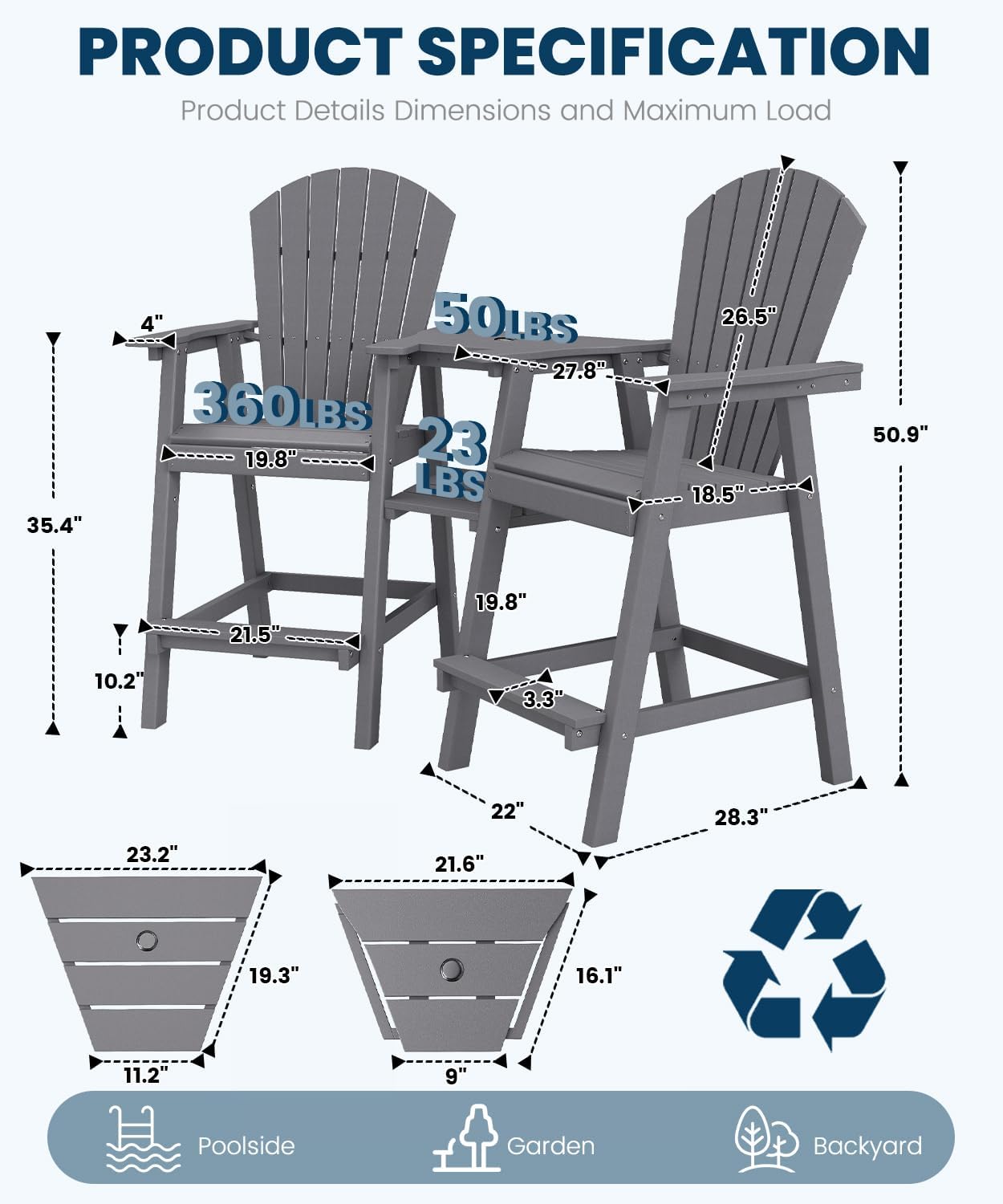 FOOWIN Tall Adirondack Chair Set of 8, All Weather HDPE Bar Height Adirondack Chair with Double Connecting Trays, Adirondack Barstools for Balcony, Deck, Backyard, Patio, Garden Grey