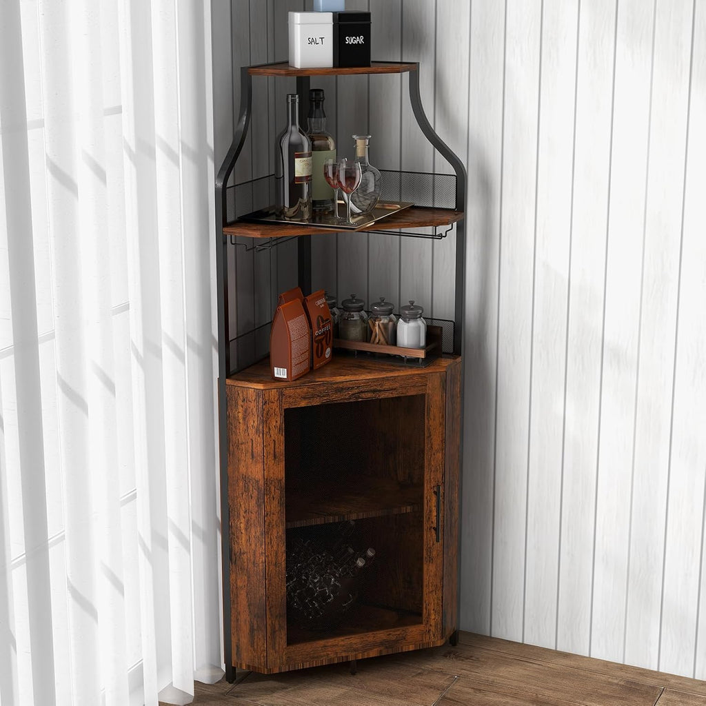 Corner Bar Cabinet, 61" Tall Farmhouse Wine Cabinet with Led Light & Detachable Wine Rack, 5-Tier Industrial Wine Cabinet with Glass Holder & Adjustable Shelves & Feet for Dining, Living Room, Kitchen
