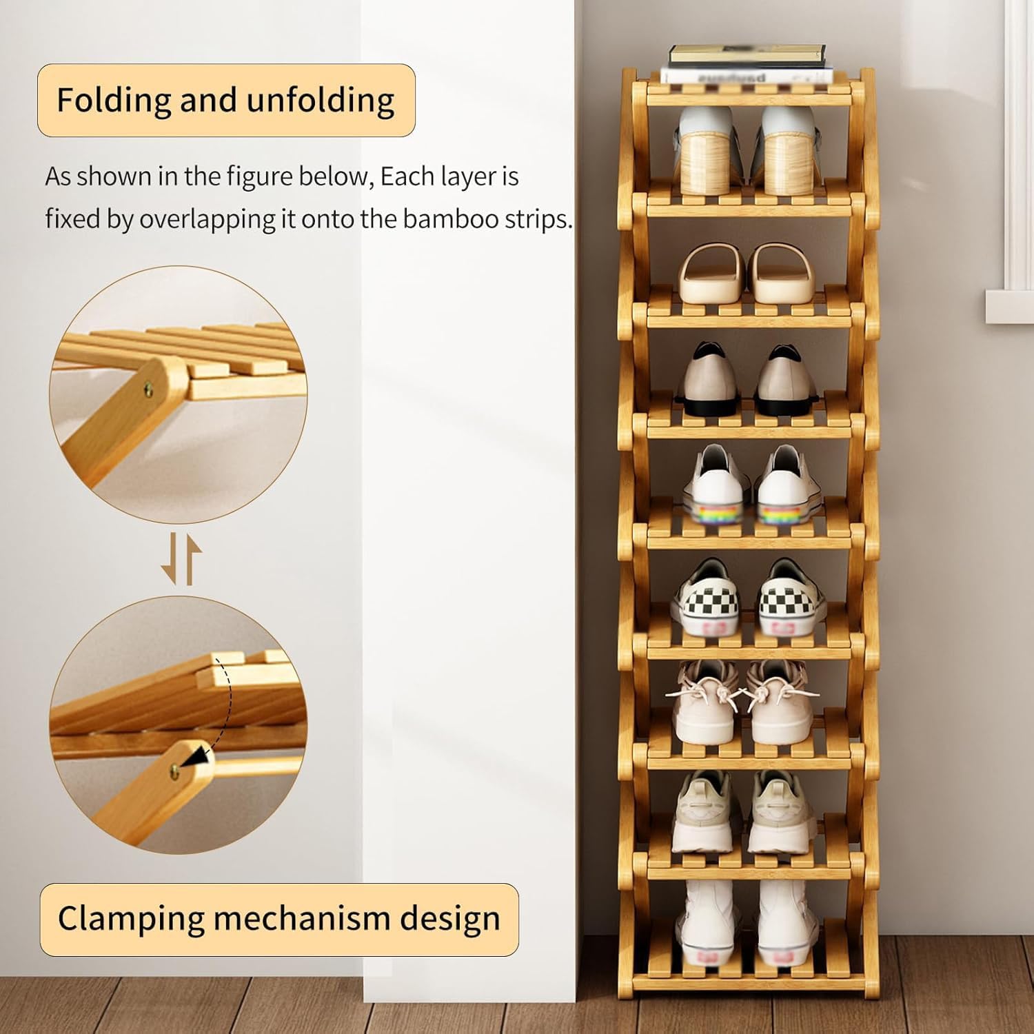 9-Tier Bamboo Shoe Rack, Foldable Portable Storage, Vertical Shoe Shelf for Entryway, Bedroom, Hallway, Small Spaces - Multi-Functional Organizer Brown