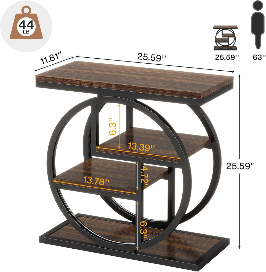 Tribesigns End Table for Living Room, Wooden Narrow Side Table with Storage Shelves & Wide Tabletop, Industrial Geometric Bedside Sofa Tables with Metal Frame for Bedroom, Small Spaces, Rustic Brown