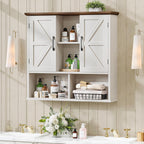 Vabches Bathroom Wall Cabinet, Farmhouse Medicine Cabinet with Double Barn Door and Adjustable Shelves, Wooden Vintage Storage Cabinet Wall Mounted for Bathroom, Kitchen Dining, Rustic White