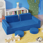 Modular Kids Play Couch, Kids Sectional Couch Sofa, Bedroom and Playroom Convertible Foam for Toddlers, Floor Cushion for Imaginative Boys and Girls (Dark Blue-Suede)