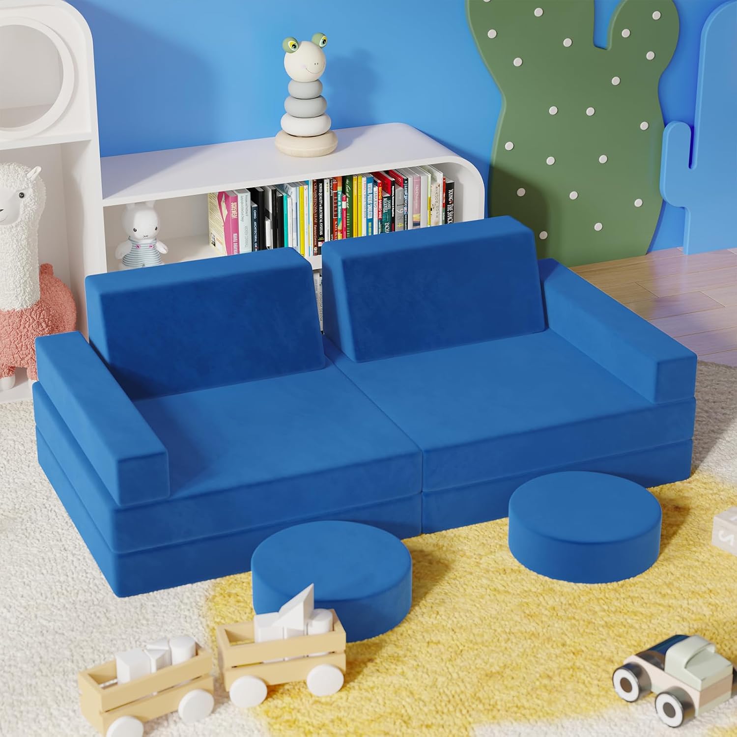 Modular Kids Play Couch, Kids Sectional Couch Sofa, Bedroom and Playroom Convertible Foam for Toddlers, Floor Cushion for Imaginative Boys and Girls (Dark Blue-Suede)