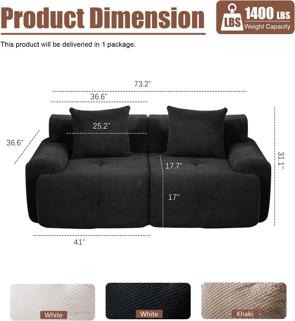 Modern Loveseat Sofa, 73.2" Black Boneless Couch with Spring and Foam Fill, Soft Pineapple Lattice Material, No Assembly Required for Living Room & Guest Room
