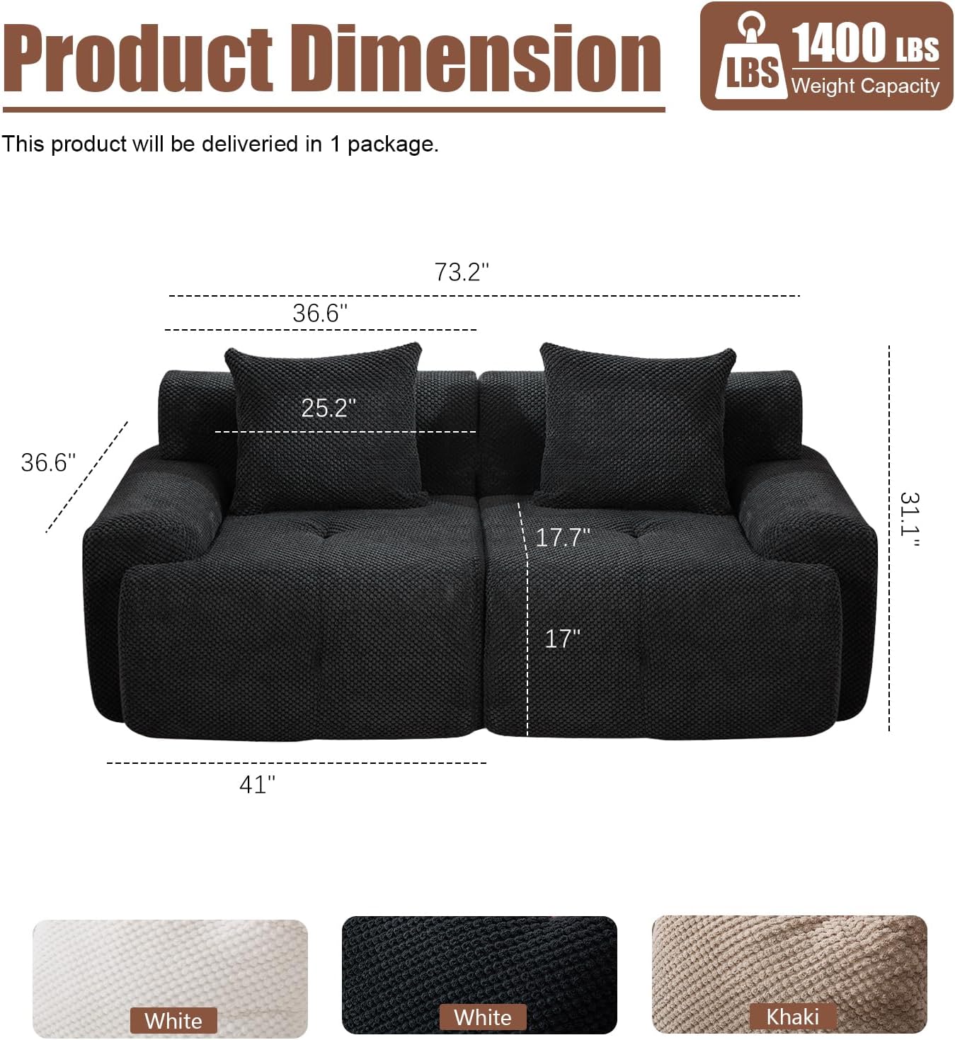 Modern Loveseat Sofa, 73.2" Black Boneless Couch with Spring and Foam Fill, Soft Pineapple Lattice Material, No Assembly Required for Living Room & Guest Room