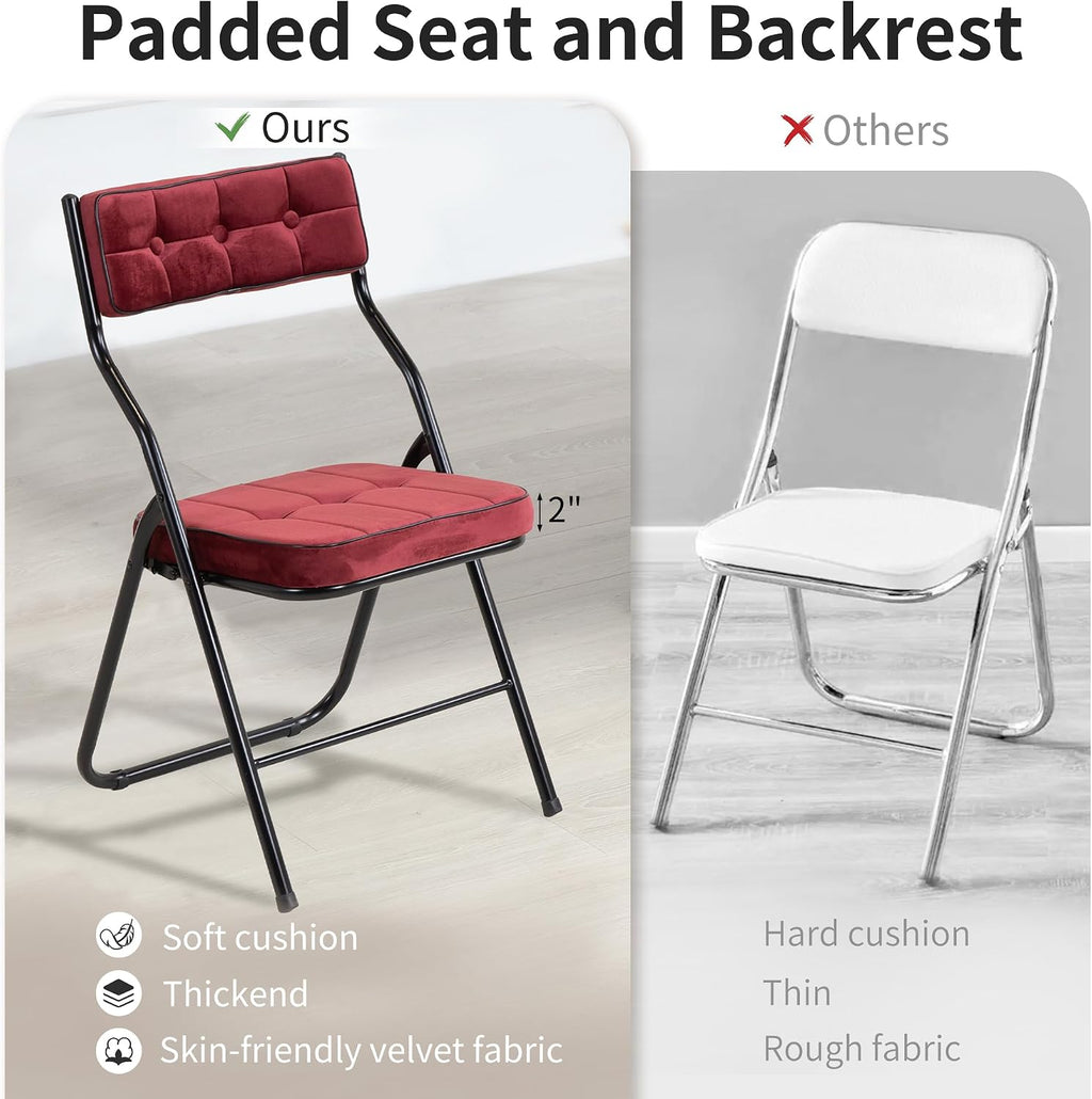HOMEFUN Padded Folding Chairs 4 Pack - Foldable Dining Chair with Cushion, Portable and Assembled Extra Seat for Guests Kitchen Office Wedding Party Wine Red