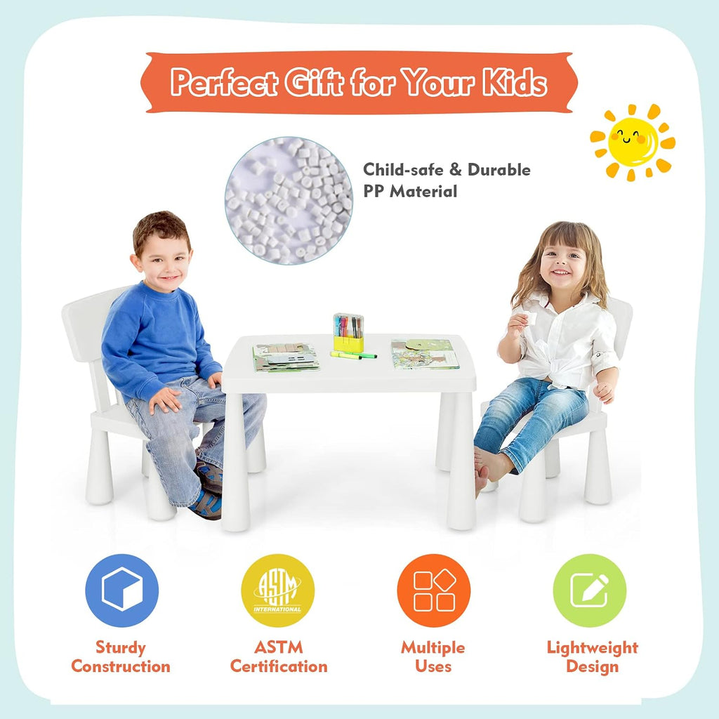 Toddler Table and Chair Set, Plastic Kid Activity Table & 2 Chairs, 3-Piece Children Playroom Furniture Set for Reading, Writing & Painting, Kids Table and Chair Set for Age 3-7 (White)