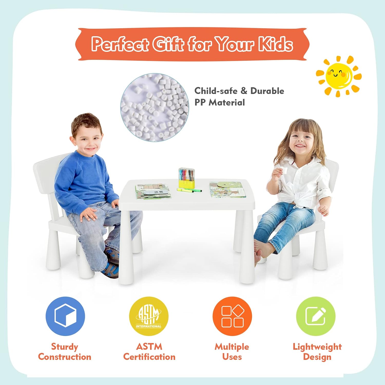 Toddler Table and Chair Set, Plastic Kid Activity Table & 2 Chairs, 3-Piece Children Playroom Furniture Set for Reading, Writing & Painting, Kids Table and Chair Set for Age 3-7 (White)