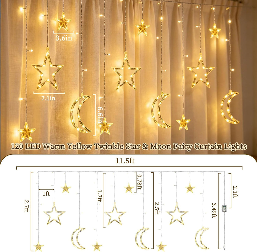 Moon Star Curtain String Lights, 11.5ft 120LED Moon Fairy Lights with USB & Battery Operated(Not Include) 8 Lighting Modes IP65 Waterproof Starry Night Lights for Christmas Ramadan Wedding Birthday