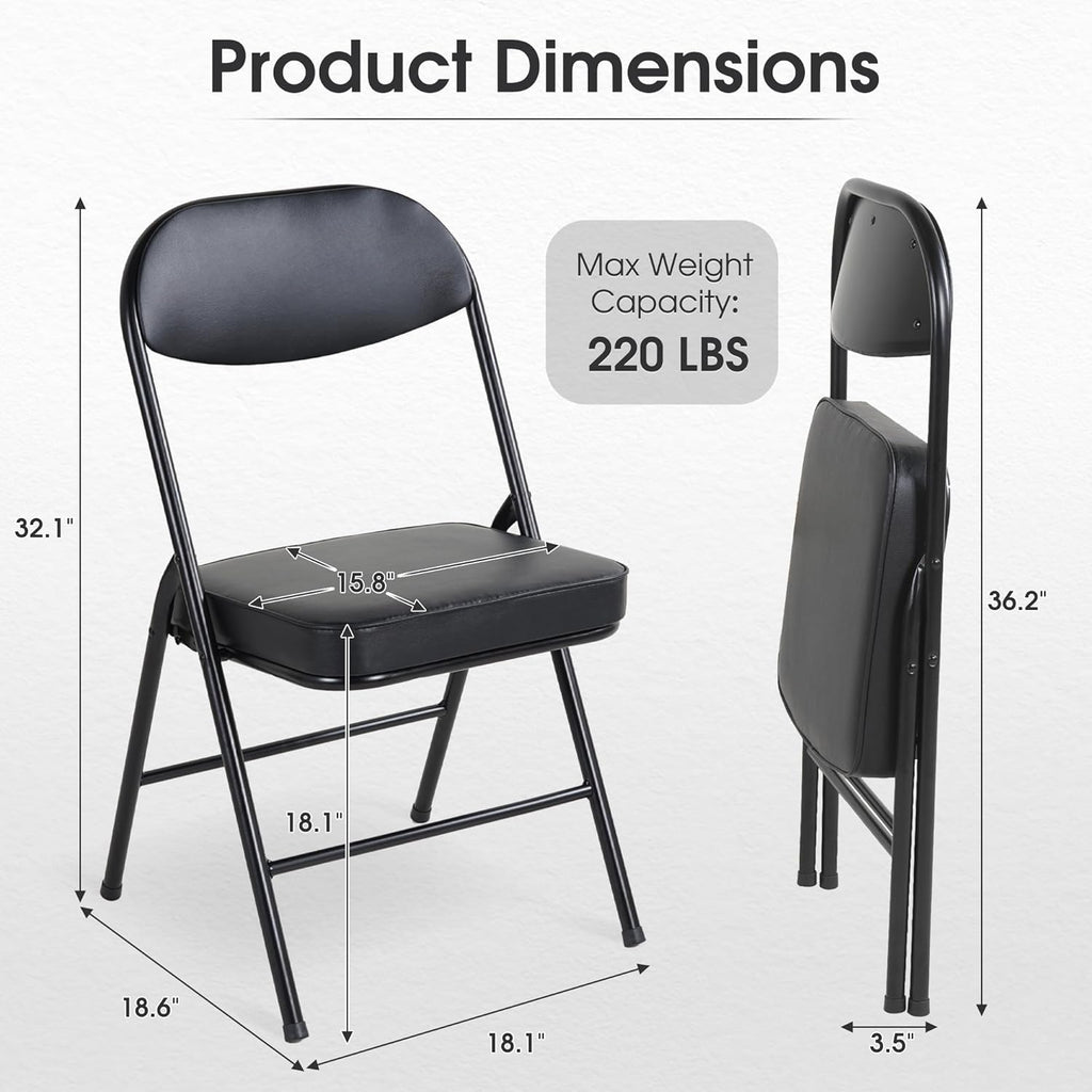 HOMEFUN Padded Folding Chairs Set of 4, Folding Chairs with Cushion and Durable Metal Frame，No Assemble Required for Party Kitchen Office Wedding Black