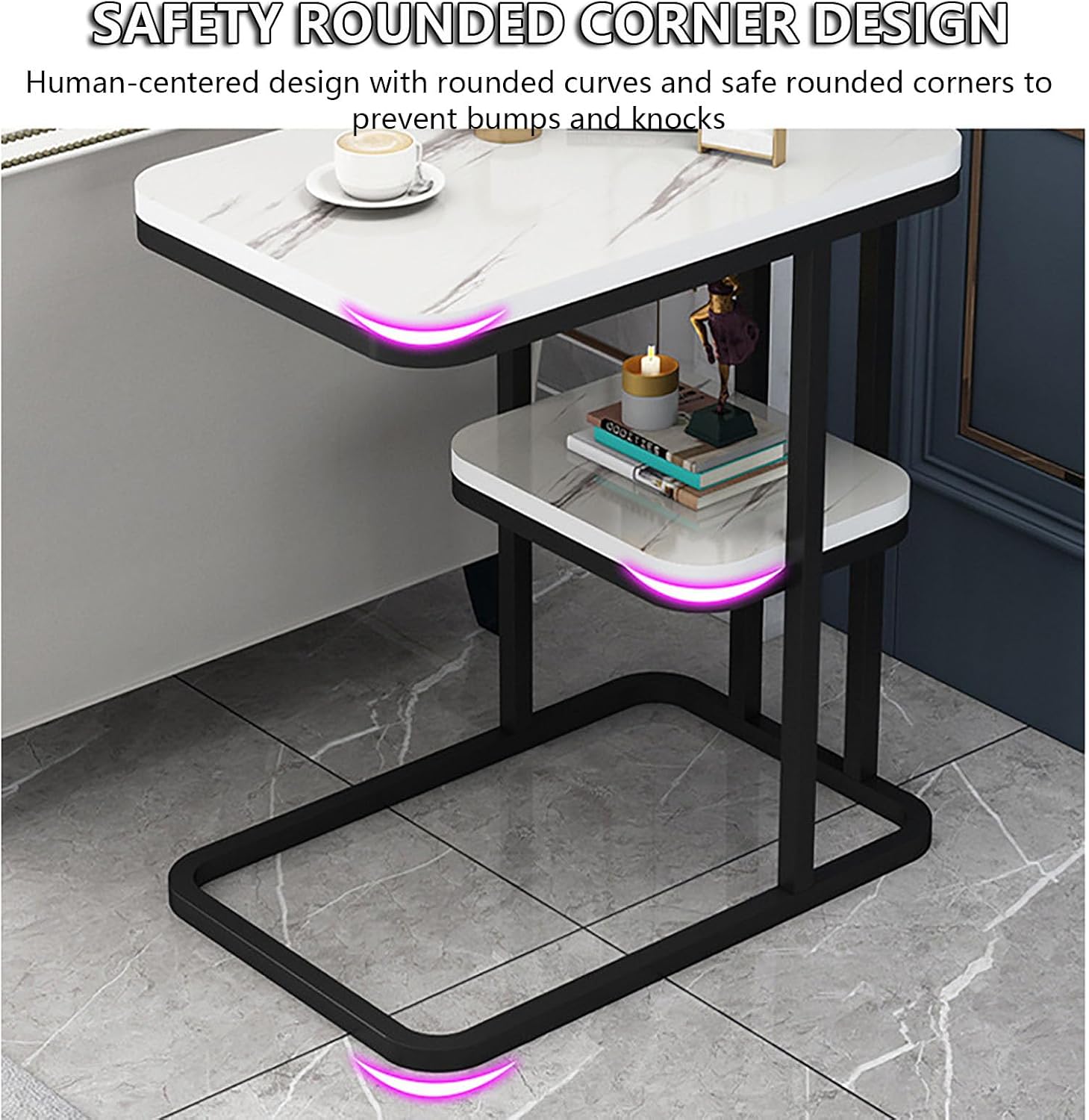 Side Table, End Table with 2-Tier Storage Shelf, Small Bedside Table, Portable and Sturdy Frame, C Shaped Side Table for Couch, for Living Room, Bedroom, Small Spaces,B