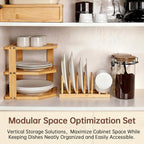 Bamboo Plate Organizer for Cabinet Set,3 Tier Corner Shelf & Vertical Plate Holder, Durable Space Saver Wooden Dish Racks for Kitchen Cabinet RV Plates,Dishes,Bowls,Spice,Lids,Bread Pantry - 1 Set