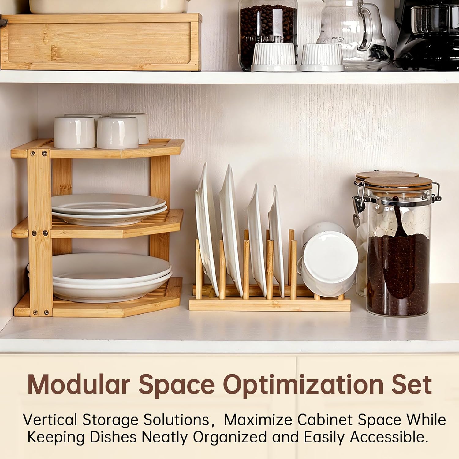 Bamboo Plate Organizer for Cabinet Set,3 Tier Corner Shelf & Vertical Plate Holder, Durable Space Saver Wooden Dish Racks for Kitchen Cabinet RV Plates,Dishes,Bowls,Spice,Lids,Bread Pantry - 1 Set