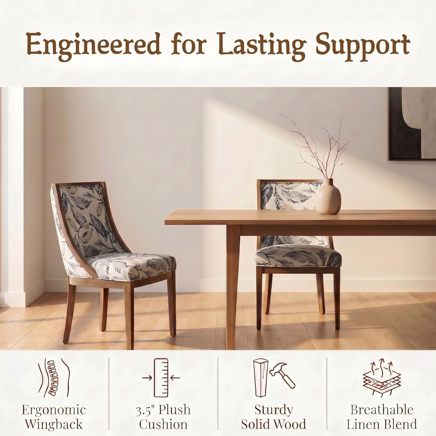 Farmhouse Dining Room Chairs Set of 2 Wooden Side Chairs with Curved Backrest and Solid Wood Frame Linen Fabric Upholstered Kitchen Chairs for Lving Room/Restaurant, Floral