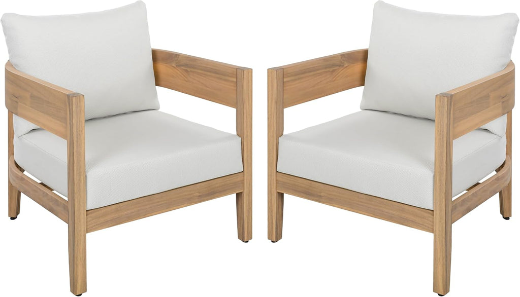 SAFAVIEH Outdoor - Theo Armchair Set of 2 - Oak & Ivory - Solid Wood with Cushion - Mid-Century Slatted Frame Design - Ideal for Patio, Deck, Porch, Backyard, 15" Seat Height (PAT7087B-SET2)