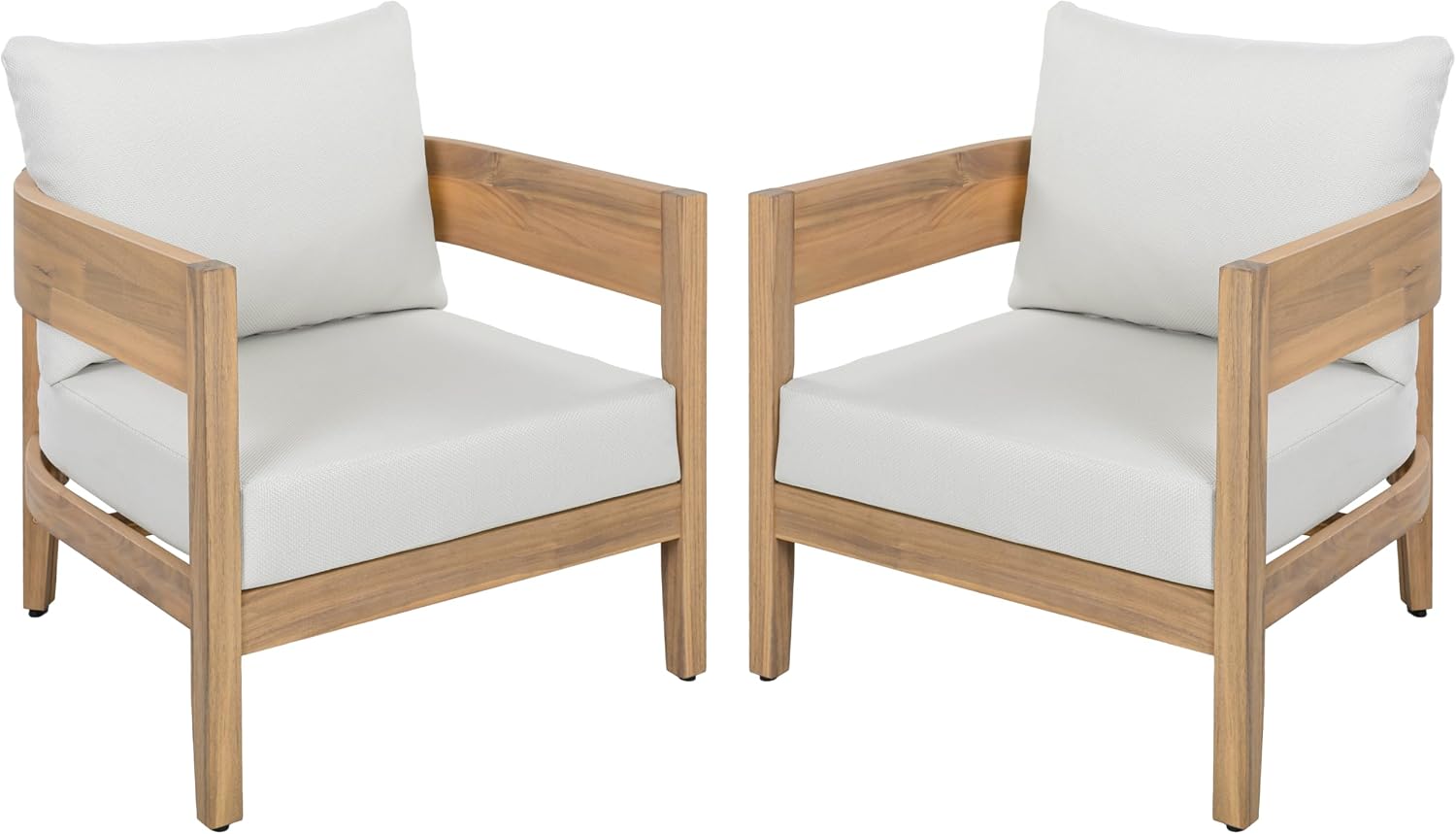 SAFAVIEH Outdoor - Theo Armchair Set of 2 - Oak & Ivory - Solid Wood with Cushion - Mid-Century Slatted Frame Design - Ideal for Patio, Deck, Porch, Backyard, 15" Seat Height (PAT7087B-SET2)
