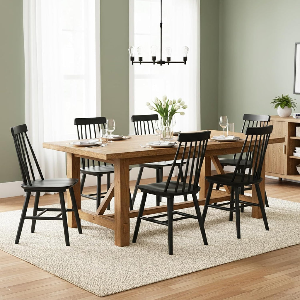 Black Dining Chairs Set of 6, 100% Solid Wood Farmhouse Kitchen Chairs, Armless Cottage Dinner Chair with Spindle Back, Windsor Dining Room Chairs for Kitchen (2 Boxes)