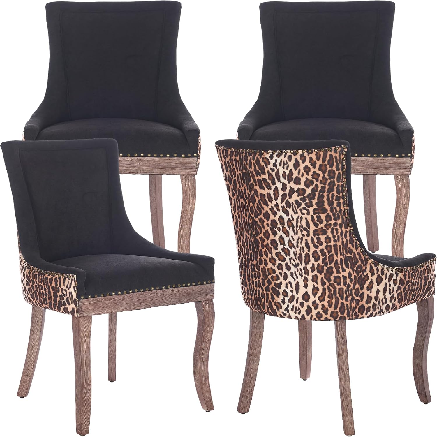 ODUSE-DAILY Dining Chairs Set of 4, Kitchen & Dining Room Chairs, Leopord Fabric Upholstered Dinning Chairs, Sillas De Comedor, Nailhead Trim, Wood Legs (Leopord, 4 Pcs)
