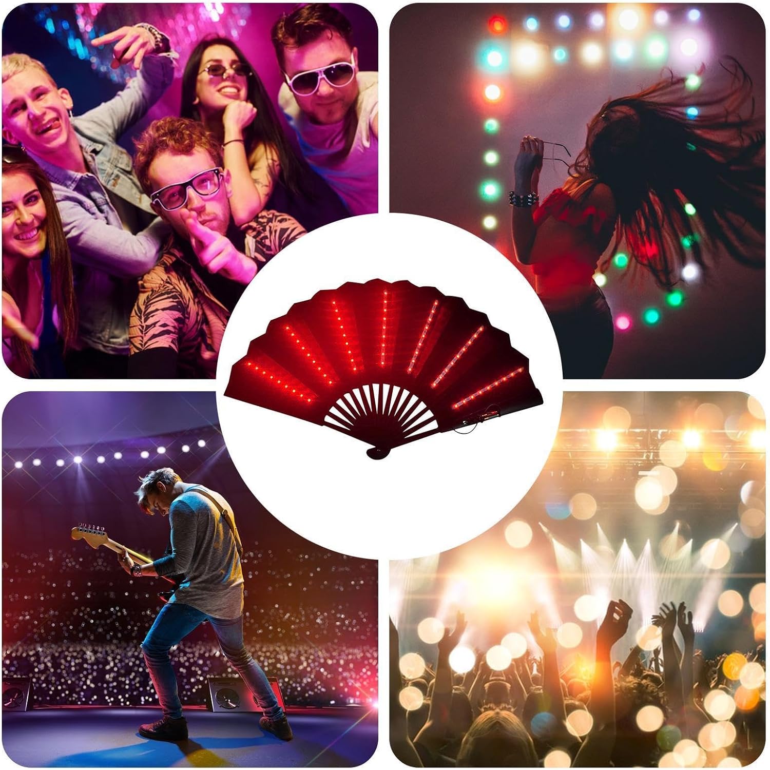 Folding Hand Fan - LED Large Light Up Festival Fãn Battery Included | Řave Faņ with Liģht Portable Følding - Performance Show Party Fån for Stage Carnival Club Belly Dance, Night Event Prop