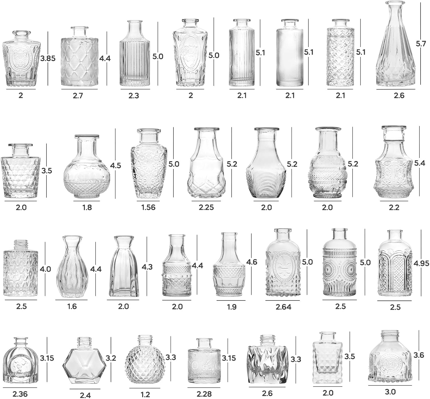 Vintage Glass Bud Vases Bulk 30 Pack|Small Clear Flower Vases for Wedding Decor, Centerpiece Table Decorations, Rustic Home & Party Decor (Transparent)