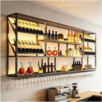 3 Tiers Large Wall Mounted Wine Rack with Glass Holder, Modern Metal Hanging Liquor Shelves, Holds Bottles at 2 Tilt Angles (45° 90° ) for Bar Home Bar Dining Room Cafe Decorative (Black, 59in/150cm)