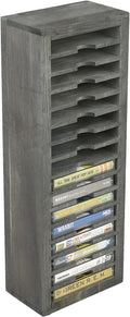 MyGift 16 Slot Cassette Tapes Tower, Vintage Gray Solid Wood Freestanding Audio Compact Cassettes Slotted Storage Rack, Analog Audiotapes Holder Stand, Fits Standard Cases Up to 0.7" Thick