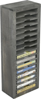 MyGift 16 Slot Cassette Tapes Tower, Vintage Gray Solid Wood Freestanding Audio Compact Cassettes Slotted Storage Rack, Analog Audiotapes Holder Stand, Fits Standard Cases Up to 0.7" Thick
