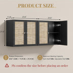 Laundry Room Cabinets with Lights, 24INCH Bathroom Cabinets Wall Mounted with Adjustable Shelves, Rattan Wall Cabinet for Bedroom, Kitchen, Bathroom (2PCS, Black)