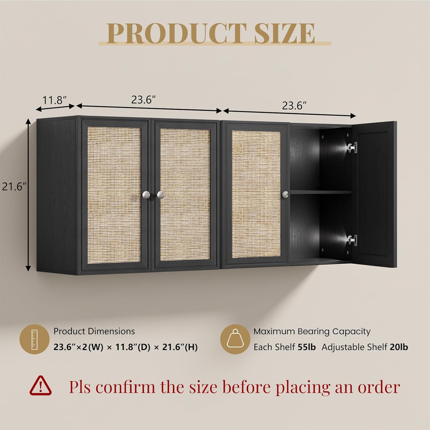 Laundry Room Cabinets with Lights, 24INCH Bathroom Cabinets Wall Mounted with Adjustable Shelves, Rattan Wall Cabinet for Bedroom, Kitchen, Bathroom (2PCS, Black)