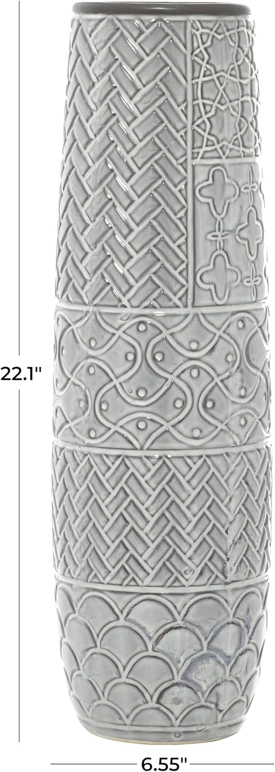Deco 79 Ceramic Decorative Vase Slim Engraved Patterned Centerpiece Vase, Flower Vase for Home Decoration 7" x 7" x 22", Gray