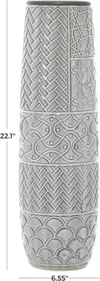 Deco 79 Ceramic Decorative Vase Slim Engraved Patterned Centerpiece Vase, Flower Vase for Home Decoration 7" x 7" x 22", Gray