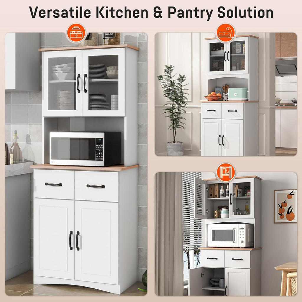 67" Kitchen Pantry Cabinet with Glass Doors & Drawers, Adjustable Shelves, Anti-Tip, Space-Saving Microwave Stand for Small Kitchens