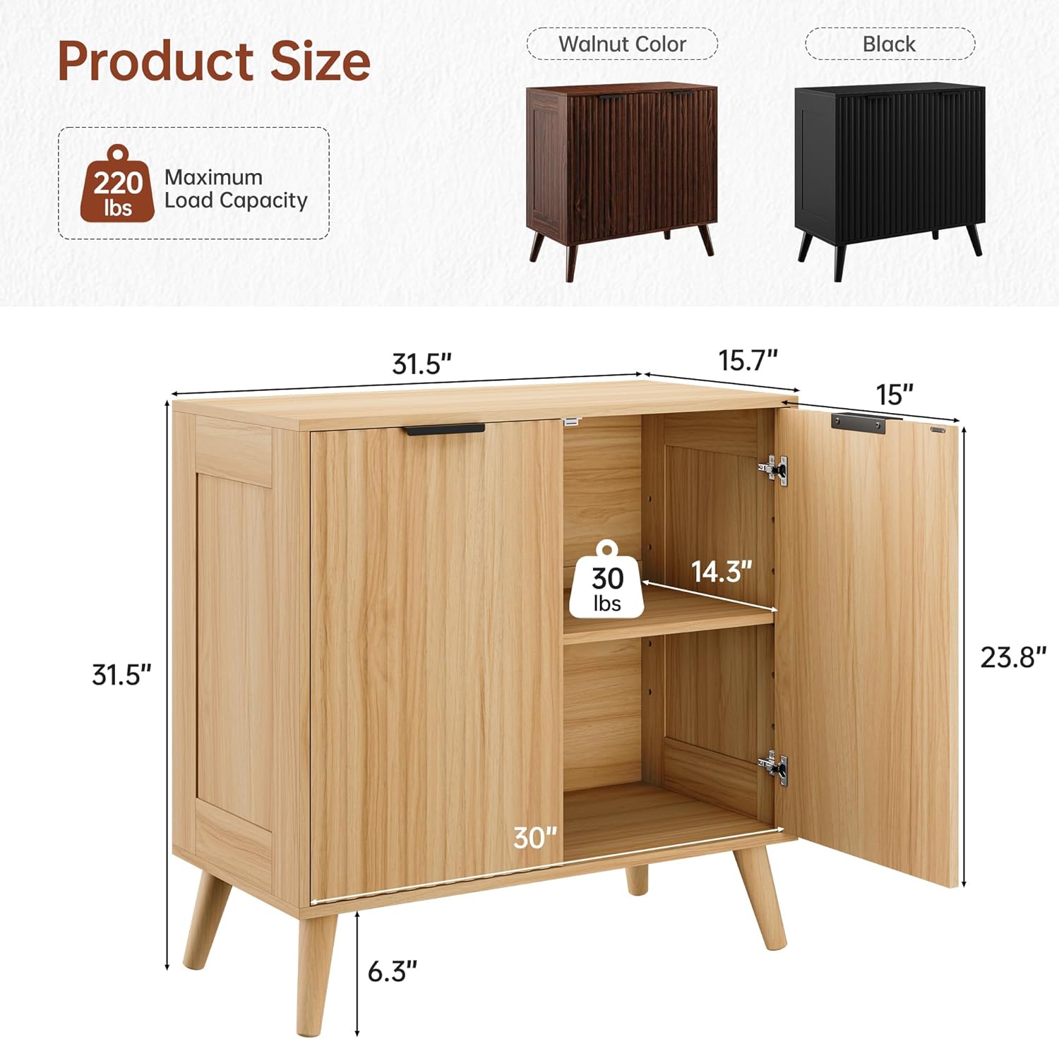 Fluted Sideboard Buffet Cabinet with Storage, 2 Doors Modern Sideboard Cabinet for Living Room, Wood Coffee Bar Cabinets with Adjustable Shelves Accent Credenza for Kitchen, Entryway, Natural